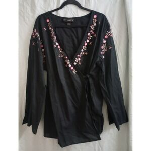 Venezia Embroidered Peasant Wrap Top Floral Boho 100% Cotton Black Size 22/24